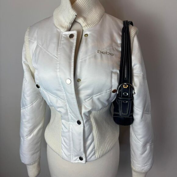 Bebe Vintage Y2K White Satin Puffer Jacket Corset Style - Picture 2 of 6